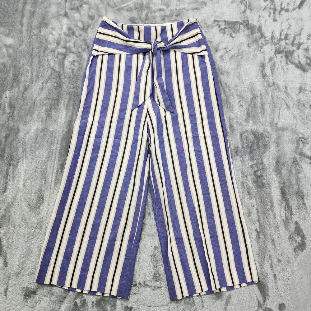 NEW Express Pants Womens 4 Blue Striped High Rise Tie Front Cropped Culottes